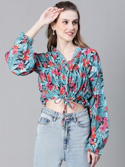 Oxolloxo - Women Multicolour Floral Print V Neck Long Sleeve Elasticated Tie-Up Crop Top