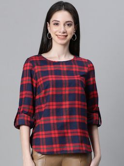 Oxolloxo - Women Red Brush Check Round Neck Long Sleeve Cotton Top