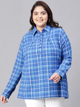 Oxolloxo - Tangled Blue Brush Check Plus Size Women Cotton Top