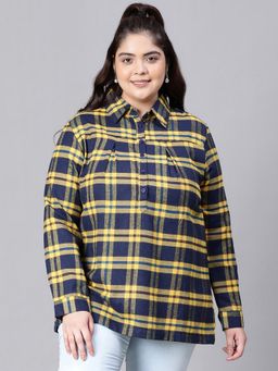 Oxolloxo - Seemed Navy Blue Check Plus Size Women Cotton Top