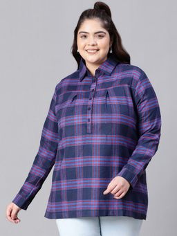 Oxolloxo - Jense Navy Blue Check Plus Size Women Cotton Top