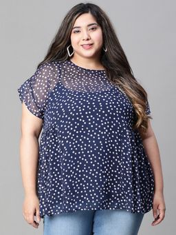Oxolloxo - Women Plus Size Navy Blue Polka Dot Print Round Neck Short Sleeve With Lining Top