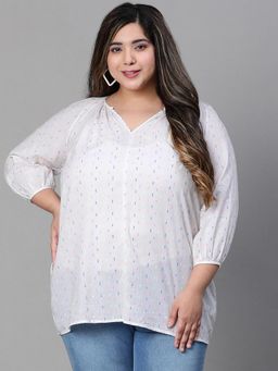 Oxolloxo - Women Plus Size White Embroidered V-Neck Long Sleeve Top