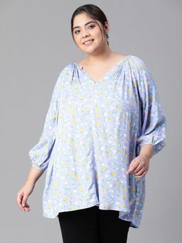 Oxolloxo - Women Plus Size Blue Floral Print V-Neck Long Sleeve Top