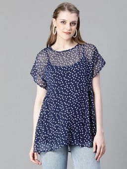 Oxolloxo - Women Blue Polka Dot Print Round Neck Short Butterfly Sleeve Top