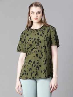 Oxolloxo - Women Green Animal Print Round Neck Short Sleeve Casual Top