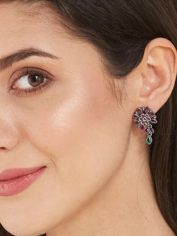 Fabindia - Women Pink and Green Stone Studded Drop Earrings