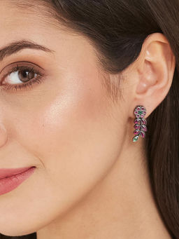 Fabindia - Women Pink and Green Floral Stone Drop Earrings