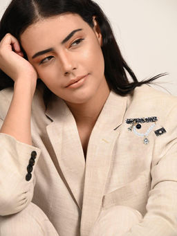 Odette - Women Black and White Metal Stone and Pearl Brooch