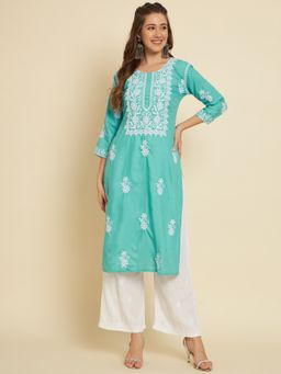 VAIRAGEE - Turquoise Embroidered Cotton Chikankari Straight Kurta