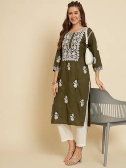 VAIRAGEE - Green Embroidered Cotton Chikankari Straight Kurta