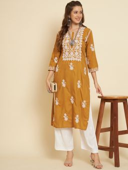 VAIRAGEE - Mustard Embroidered Cotton Chikankari Straight Kurta