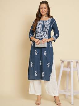 VAIRAGEE - Teal Embroidered Cotton Chikankari Straight Kurta