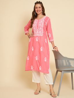 VAIRAGEE - Pink Embroidered Cotton Chikankari Straight Kurta