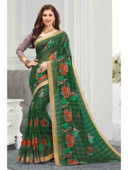 Sangam Prints - Green Cotton Printed Traditional Saree with Unstitched Blouse