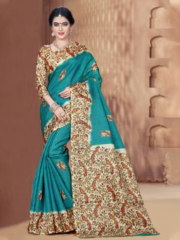 Sangam Prints - Sky Blue Khadi Digital Printed Traditional Saree with Unstitched Blouse