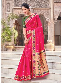 Sangam Prints - Pink Silk Woven Work Traditional Saree with Unstitched Blouse