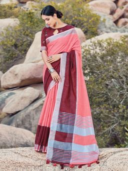 Sangam Prints - Pink Linen Traditional Saree with Unstitched Blouse