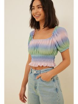 NA-KD - Puffy Sleeve Cropped Top-ombre Print