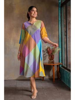 EARTHWEAR - Multi-Color Checks Cotton Bias Dress