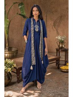 Ishnya - Dark Blue Rozana Cotton Slub Elegant Fusion Drape Dress