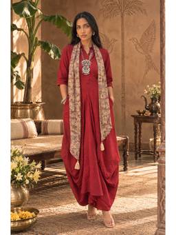 Ishnya - Red Rozana Cotton Slub Elegant Fusion Drape Dress
