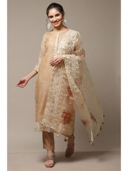 Biba - Beige Chanderi Unstitched Suit (Set of 3)