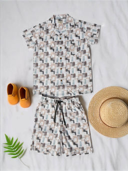 Bella Moda - Boys White Printed Shirt with Shorts (Set of 2)