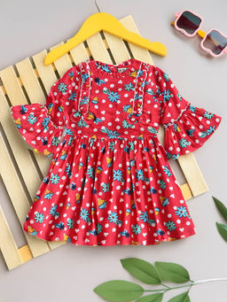 Bella Moda - Girls Red Floral Knee Length Dress