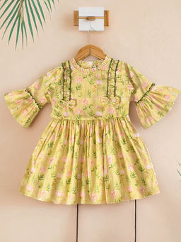 Bella Moda - Girls Green Floral Knee Length Dress