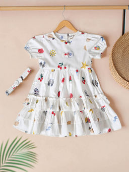 Bella Moda - Girls White Printed Knee Length Dress