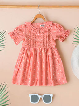 Bella Moda - Girls Peach Polka Dots Knee Length Dress