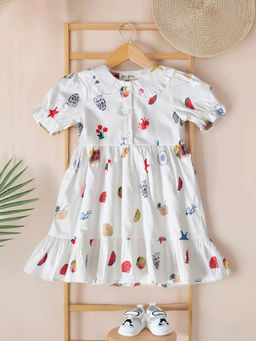 Bella Moda - Girls White Printed Knee Length Dress