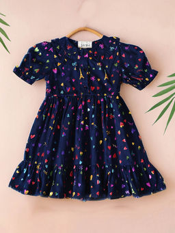 Bella Moda - Girls Navy Blue Printed Knee Length Dress
