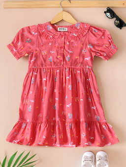 Bella Moda - Girls Pink Printed Knee Length Dress