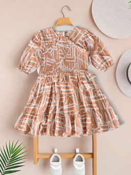 Bella Moda - Girls Beige Printed Knee Length Dress