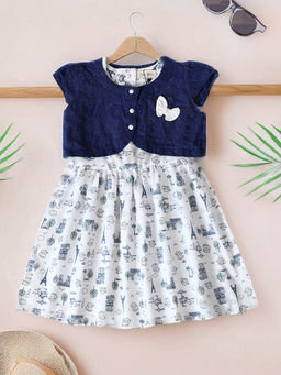 Bella Moda - Girls Navy Blue Printed Knee Length Dress
