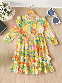 Bella Moda - Girls Yellow Floral Knee Length Dress