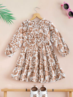 Bella Moda - Girls Beige Floral Knee Length Dress