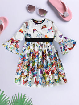 Bella Moda - Girls White Printed Knee Length Dress