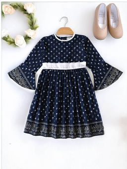 Bella Moda - Girls Navy Blue Printed Knee Length Dress