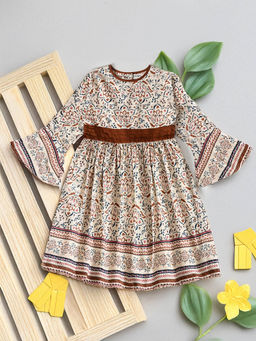 Bella Moda - Girls Brown Printed Knee Length Dress