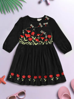 Bella Moda - Girls Black Embroidered Knee Length Dress