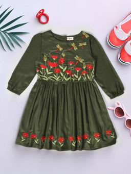 Bella Moda - Girls Green Embroidered Knee Length Dress