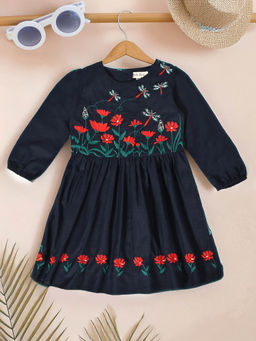 Bella Moda - Girls Navy Blue Embroidered Knee Length Dress