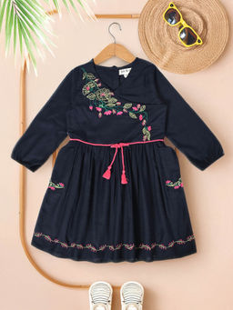 Bella Moda - Girls Navy Blue Embroidered Knee Length Dress