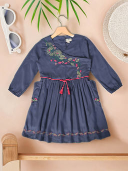 Bella Moda - Girls Blue Embroidered Knee Length Dress