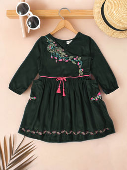 Bella Moda - Girls Green Embroidered Knee Length Dress