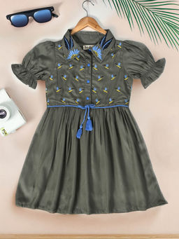 Bella Moda - Girls Green Embroidered Knee Length Dress