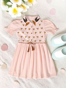 Bella Moda - Girls Peach Embroidered Knee Length Dress